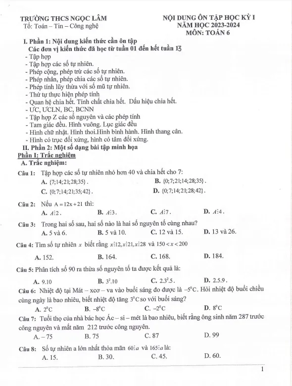 Ôn tập cuối học kỳ 1 Toán 6 năm 2023 – 2024 trường THCS Ngọc Lâm – Hà Nội