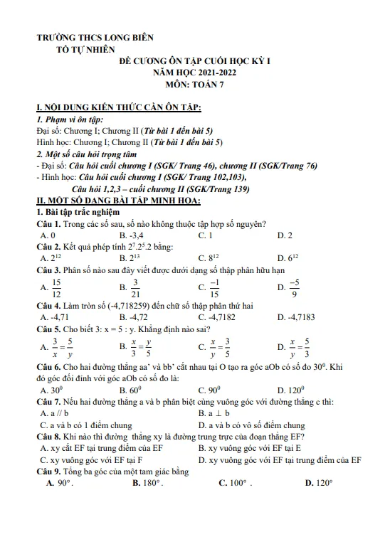 Ôn tập cuối học kỳ 1 Toán 7 năm 2021 – 2022 trường THCS Long Biên – Hà Nội