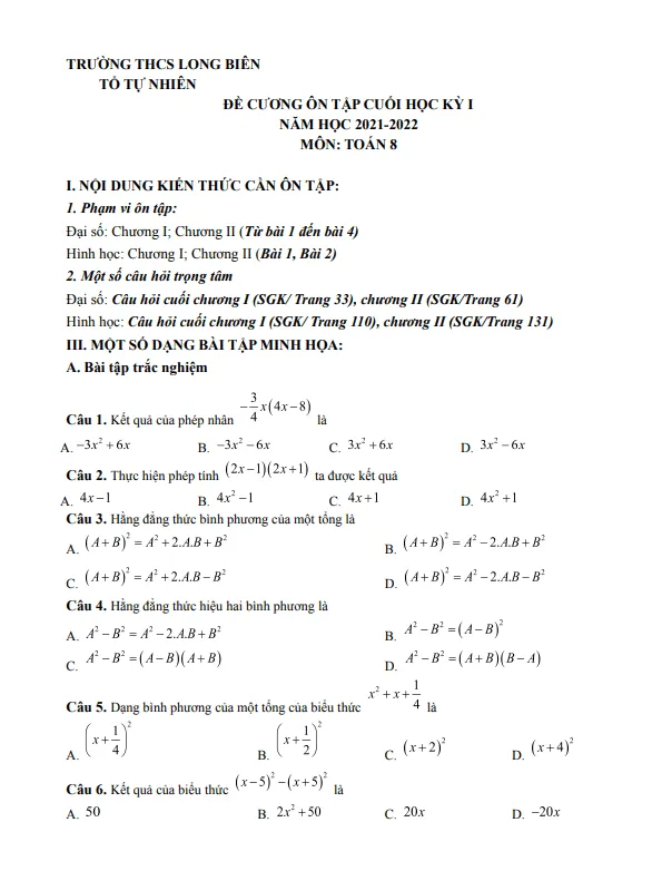 Ôn tập cuối học kỳ 1 Toán 8 năm 2021 – 2022 trường THCS Long Biên – Hà Nội