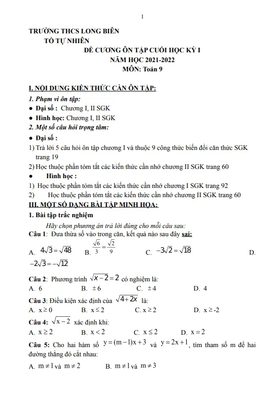 Ôn tập cuối học kỳ 1 Toán 9 năm 2021 – 2022 trường THCS Long Biên – Hà Nội