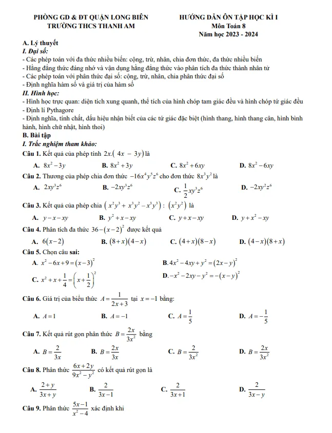 Ôn tập cuối kì 1 Toán 8 năm 2023 – 2024 trường THCS Thanh Am – Hà Nội