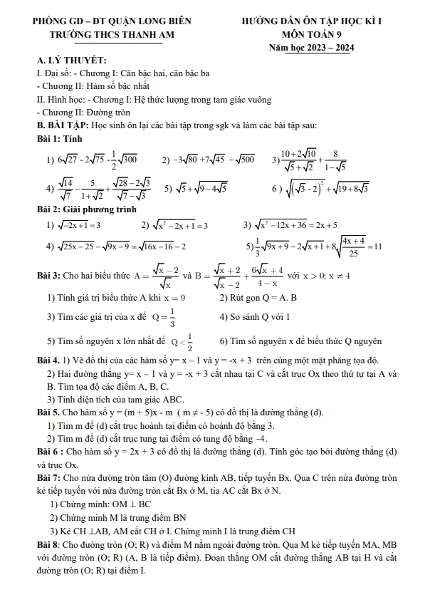 Ôn tập cuối kì 1 Toán 9 năm 2023 – 2024 trường THCS Thanh Am – Hà Nội