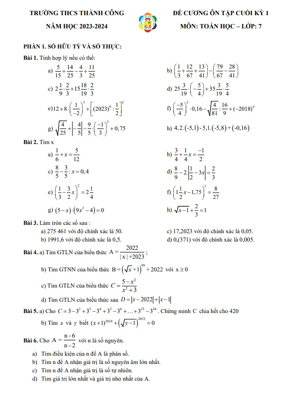 Ôn tập cuối kỳ 1 Toán 7 năm 2023 – 2024 trường THCS Thành Công – Hà Nội