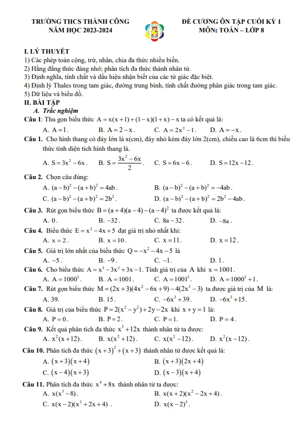 Ôn tập cuối kỳ 1 Toán 8 năm 2023 – 2024 trường THCS Thành Công – Hà Nội