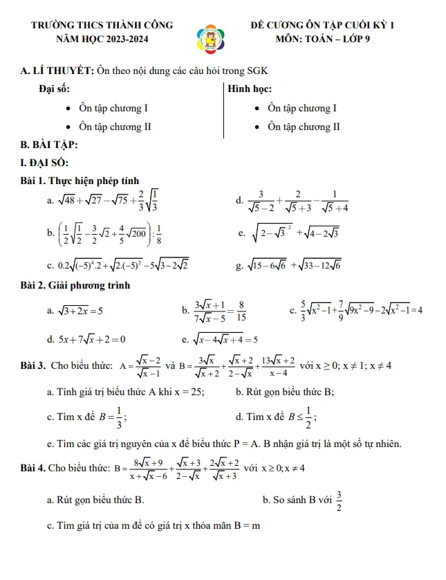 Ôn tập cuối kỳ 1 Toán 9 năm 2023 – 2024 trường THCS Thành Công – Hà Nội