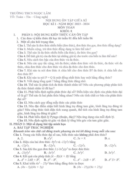Ôn tập giữa học kỳ 1 Toán 8 năm 2023 – 2024 trường THCS Ngọc Lâm – Hà Nội