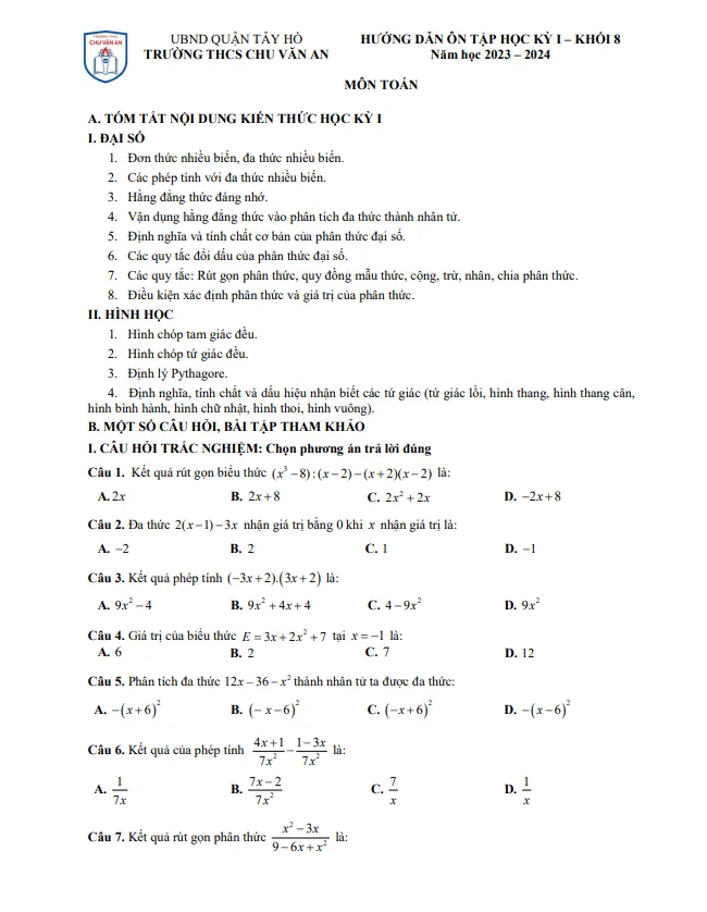 Ôn tập học kỳ 1 Toán 8 năm 2023 – 2024 trường THCS Chu Văn An – Hà Nội