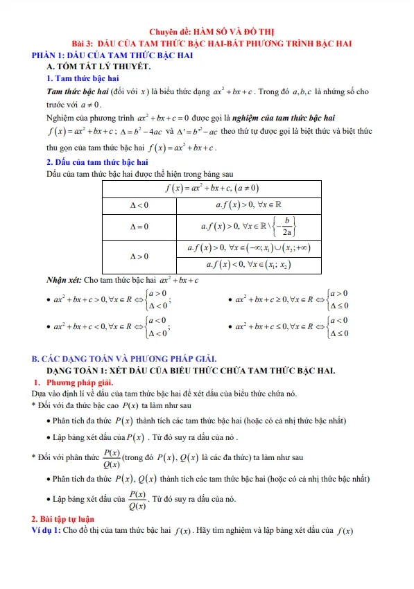Phân dạng và bài tập bất phương trình bậc hai một ẩn