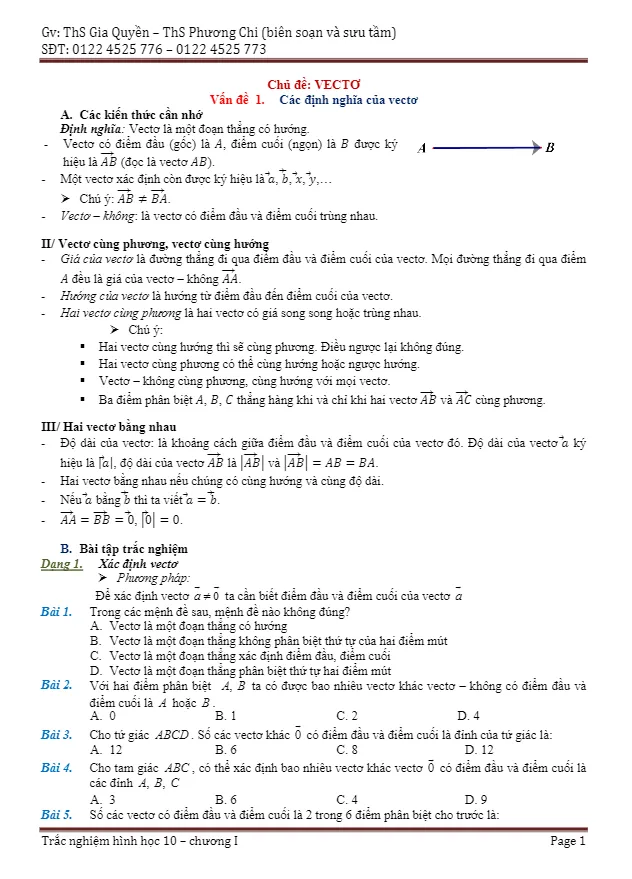 Phân dạng và bài tập trắc nghiệm chuyên đề vector – Gia Quyền, Phương Chi