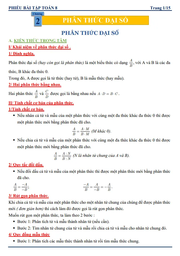Phiếu bài tập Toán 8 chủ đề phân thức đại số