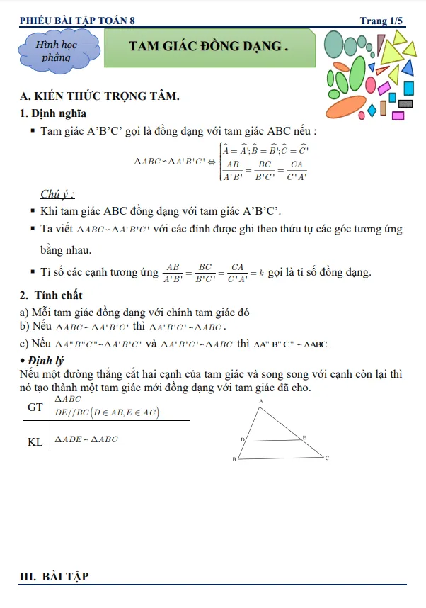 Phiếu bài tập Toán 8 chủ đề tam giác đồng dạng
