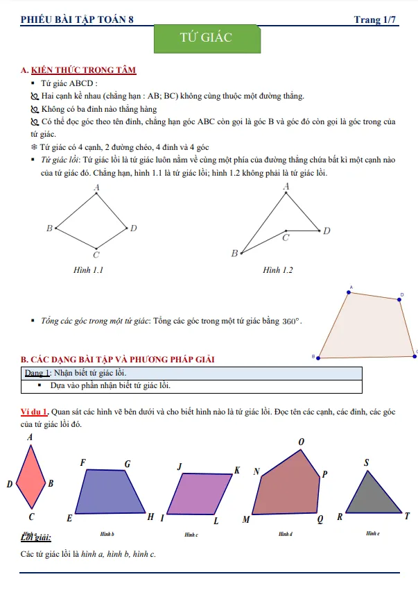 Phiếu bài tập Toán 8 chủ đề tứ giác