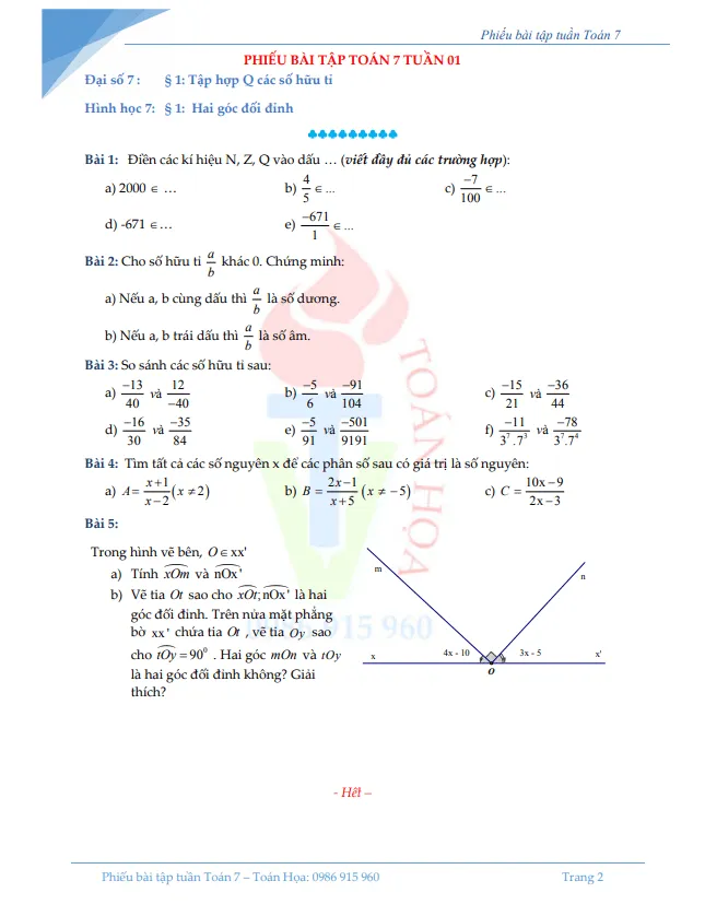 Phiếu bài tập tuần Toán 7