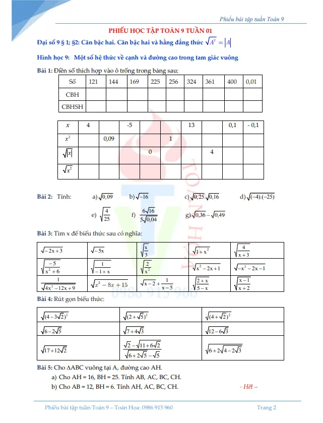 Phiếu bài tập tuần Toán 9