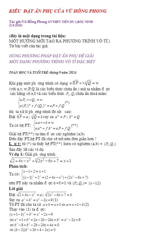 Phương pháp đặt ẩn phụ không hoàn toàn giải phương trình vô tỷ – Vũ Hồng Phong