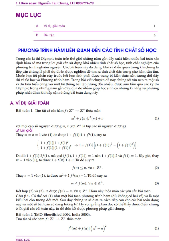 Phương trình hàm liên quan đến các tính chất số học – Nguyễn Tài Chung