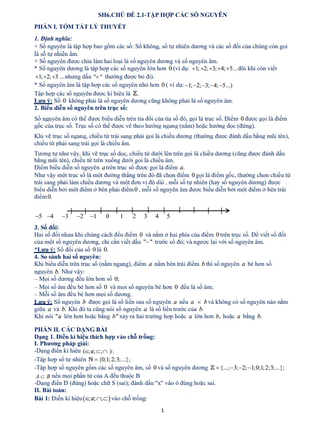 Tài liệu dạy thêm – học thêm chuyên đề tập hợp các số nguyên