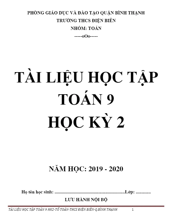 Tài liệu học tập Toán 9 học kỳ 2 năm 2019 – 2020 trường THCS Điện Biên – TP HCM