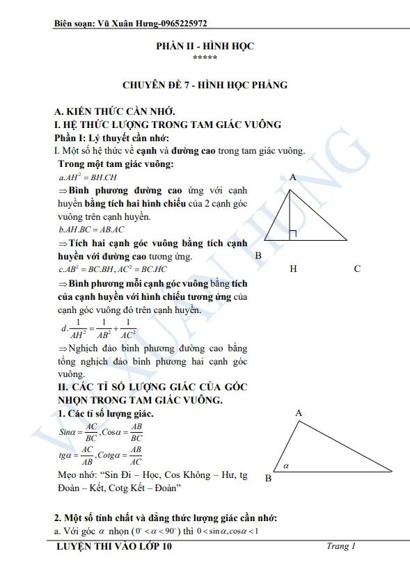 Tài liệu luyện thi vào lớp 10 môn Toán phần Hình học – Vũ Xuân Hưng