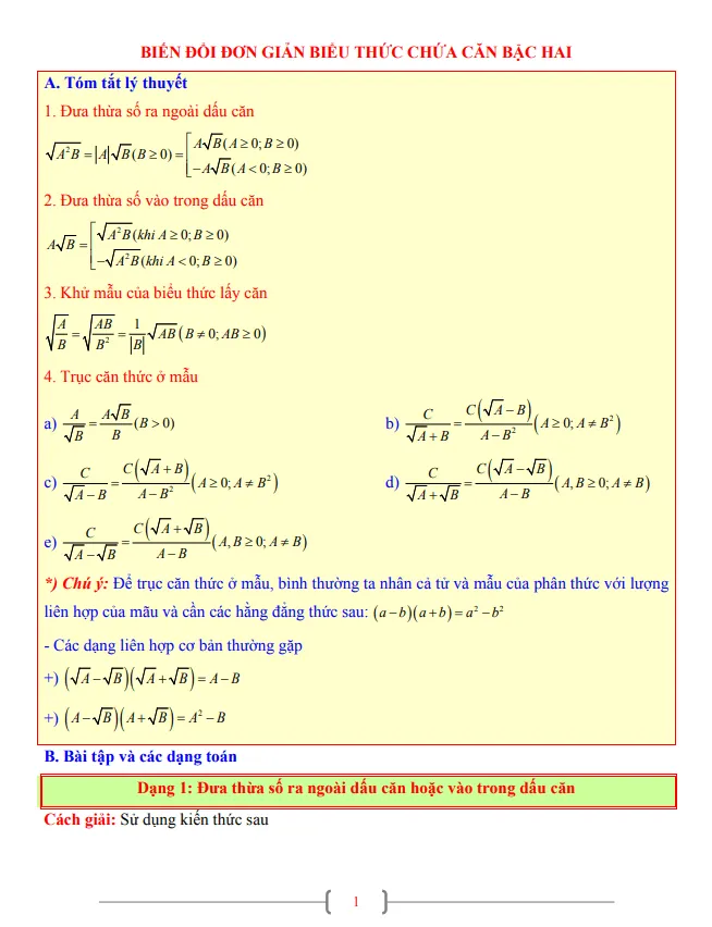 Tài liệu Toán 9 chủ đề biến đổi đơn giản biểu thức chứa căn bậc hai