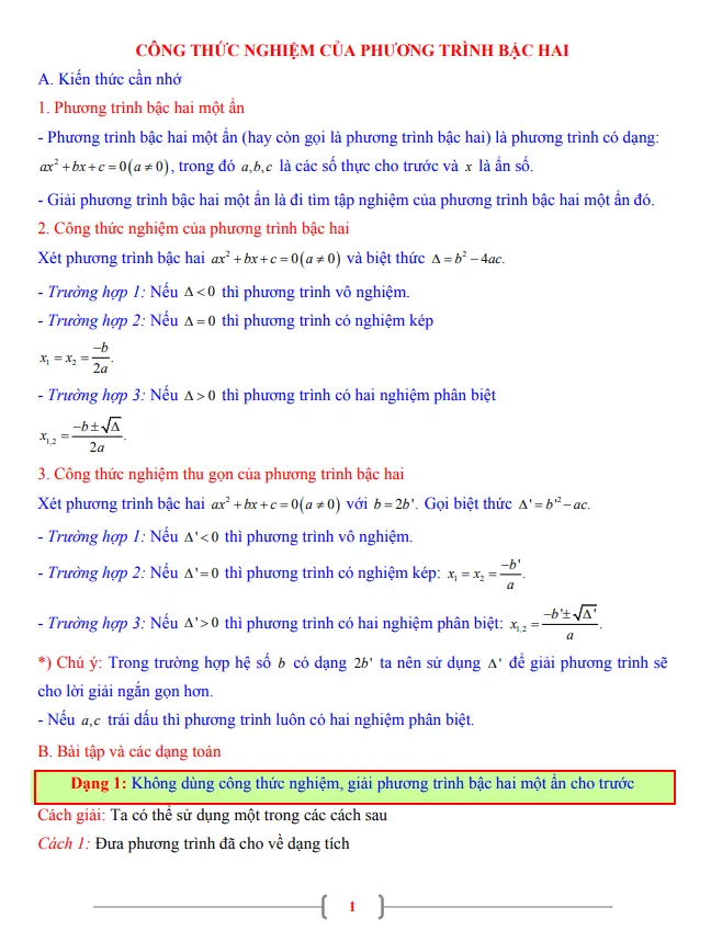 Tài liệu Toán 9 chủ đề công thức nghiệm của phương trình bậc hai