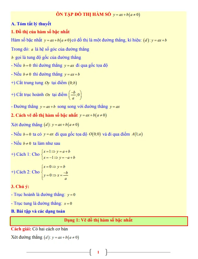 Tài liệu Toán 9 chủ đề đồ thị của hàm số y = ax + b (a khác 0)