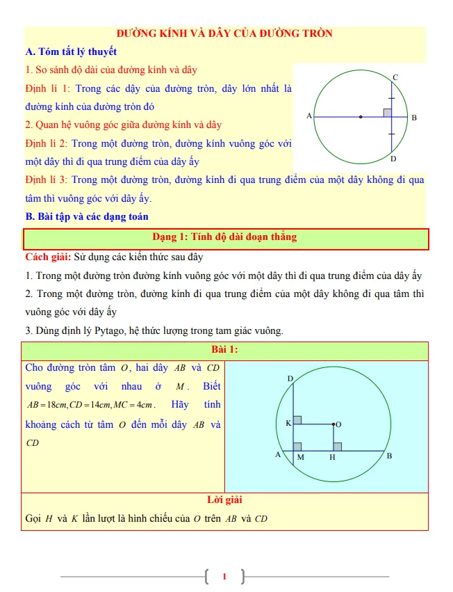 Tài liệu Toán 9 chủ đề đường kính và dây của đường tròn