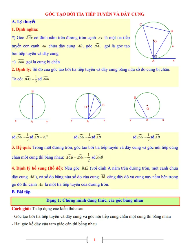 Tài liệu Toán 9 chủ đề góc tạo bởi tia tiếp tuyến và dây cung