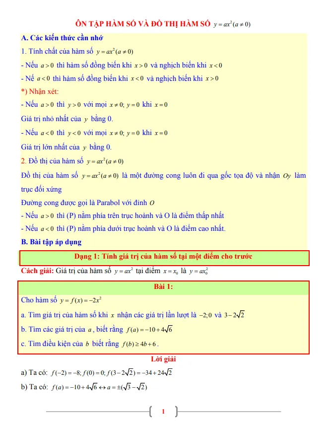 Tài liệu Toán 9 chủ đề hàm số và đồ thị hàm số y = ax2 (a khác 0)