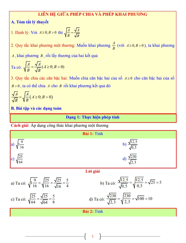 Tài liệu Toán 9 chủ đề liên hệ giữa phép chia và phép khai phương