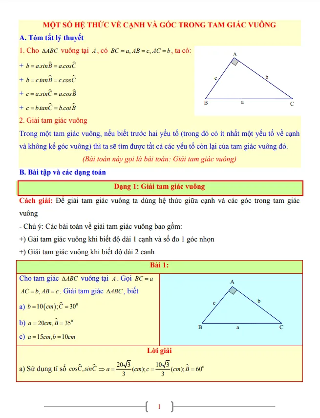 Tài liệu Toán 9 chủ đề một số hệ thức về cạnh và góc trong tam giác vuông