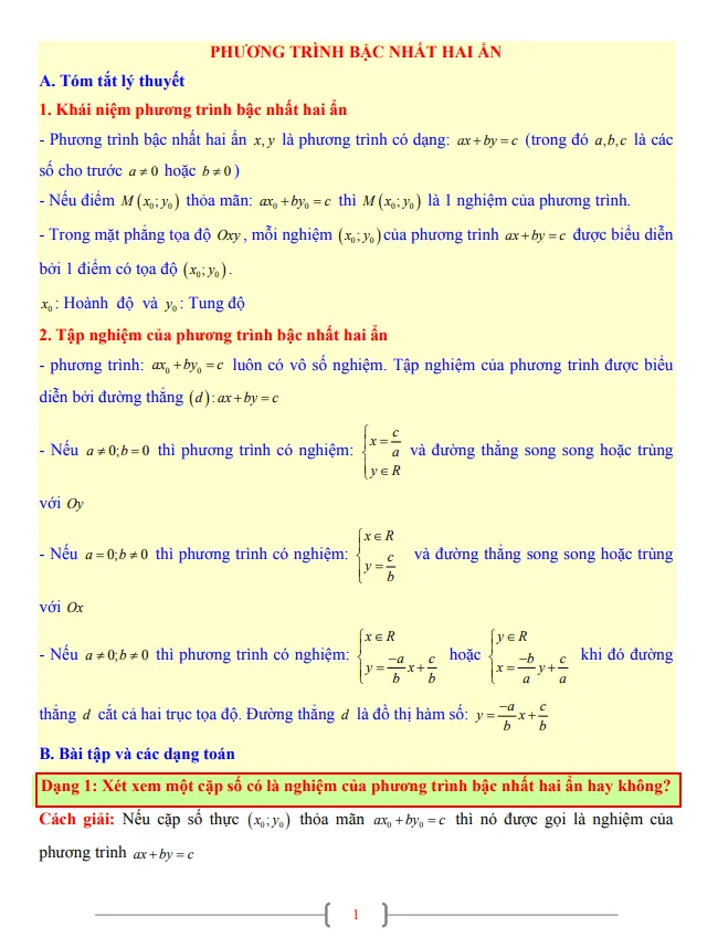 Tài liệu Toán 9 chủ đề phương trình bậc nhất hai ẩn