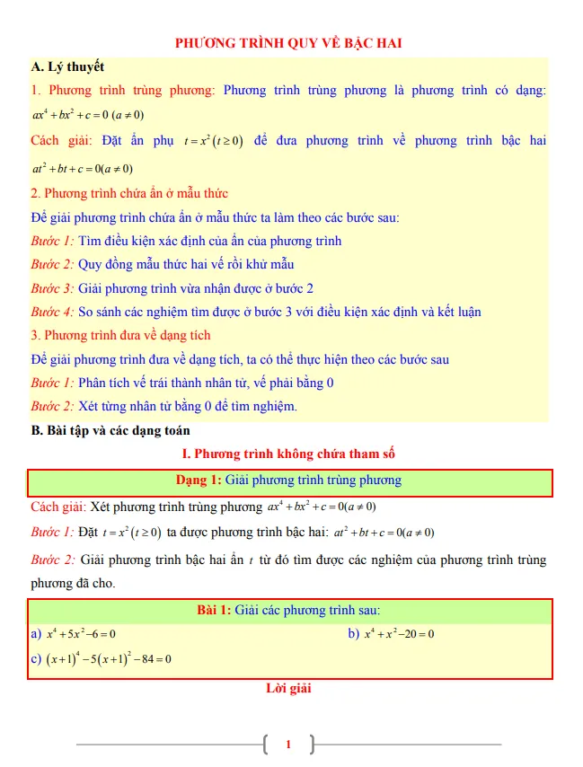 Tài liệu Toán 9 chủ đề phương trình quy về phương trình bậc hai