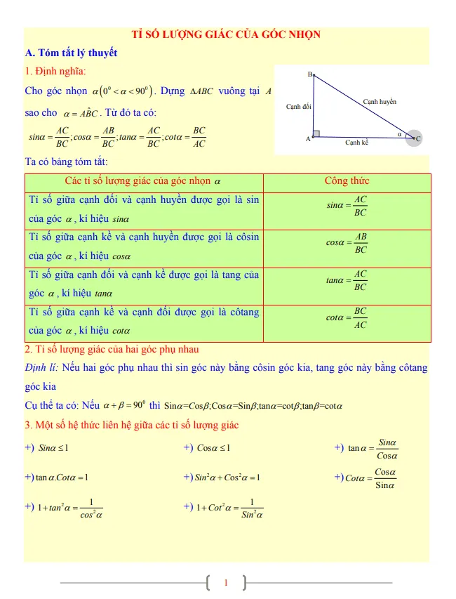 Tài liệu Toán 9 chủ đề tỉ số lượng giác của góc nhọn