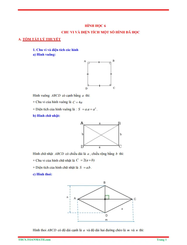Tóm tắt lý thuyết và bài tập trắc nghiệm chu vi và diện tích của một số tứ giác đã học