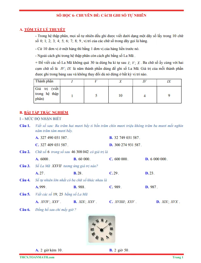 Tóm tắt lý thuyết và bài tập trắc nghiệm chuyên đề cách ghi số tự nhiên