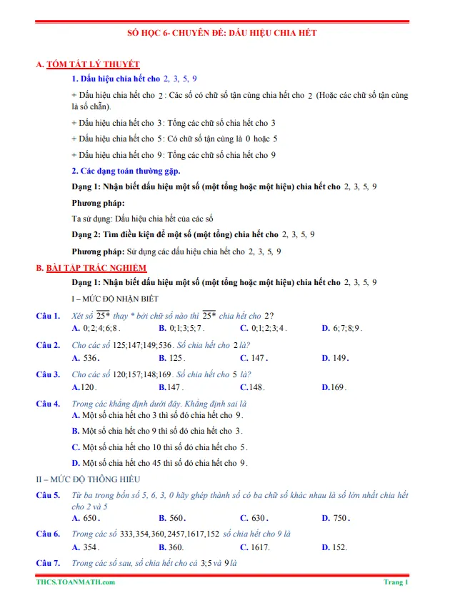 Tóm tắt lý thuyết và bài tập trắc nghiệm chuyên đề dấu hiệu chia hết