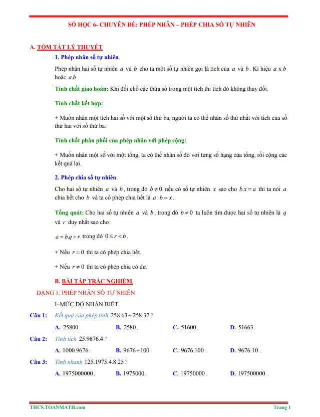 Tóm tắt lý thuyết và bài tập trắc nghiệm chuyên đề phép nhân và phép chia số tự nhiên
