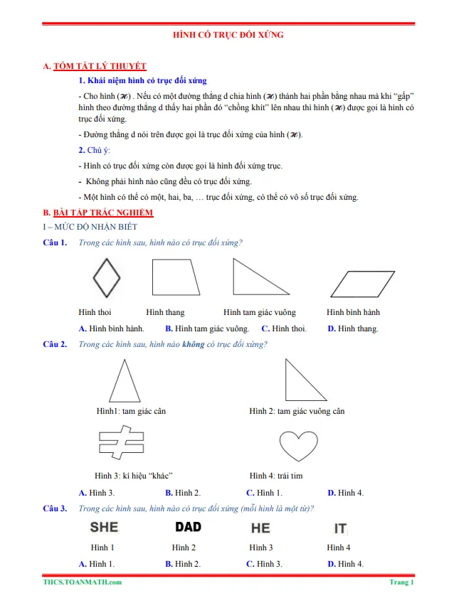 Tóm tắt lý thuyết và bài tập trắc nghiệm hình có trục đối xứng
