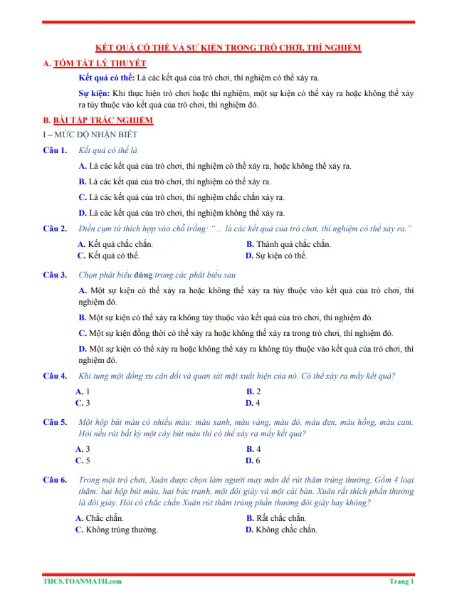 Tóm tắt lý thuyết và bài tập trắc nghiệm kết quả có thể và sự kiện trong trò chơi, thí nghiệm