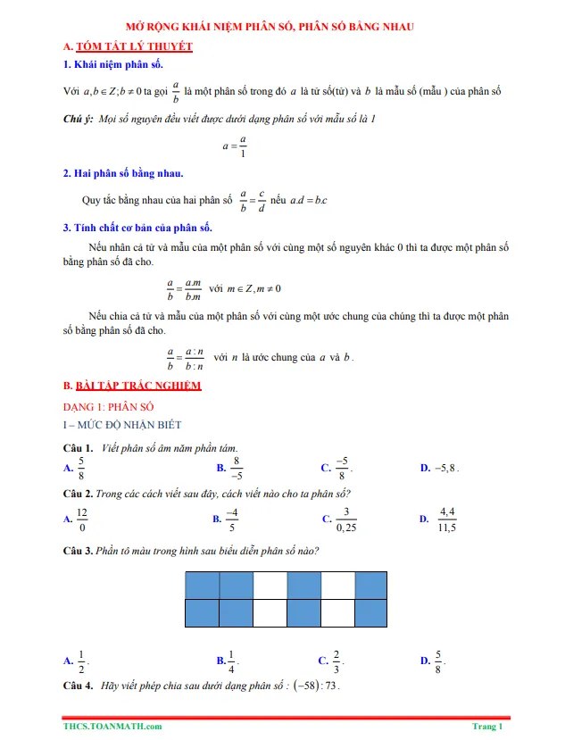 Tóm tắt lý thuyết và bài tập trắc nghiệm mở rộng phân số, phân số bằng nhau