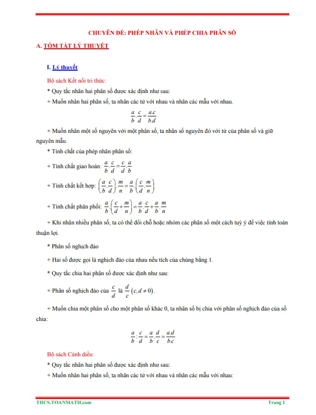Tóm tắt lý thuyết và bài tập trắc nghiệm phép nhân và phép chia phân số