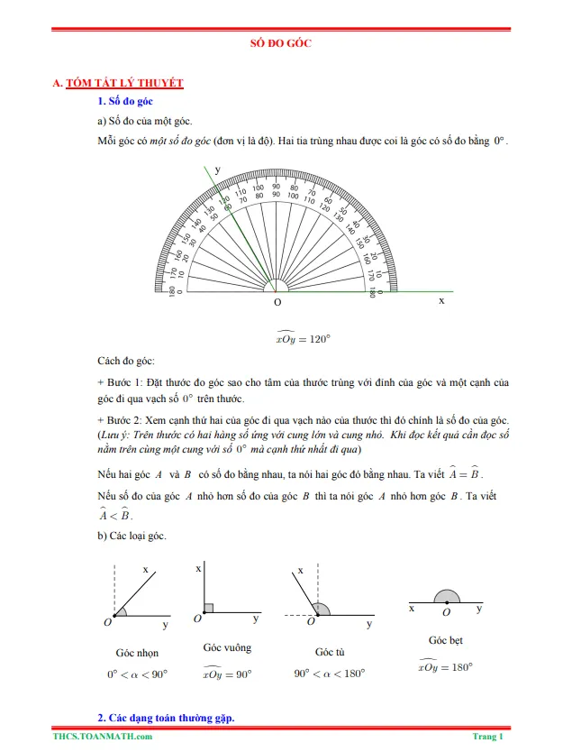 Tóm tắt lý thuyết và bài tập trắc nghiệm số đo góc