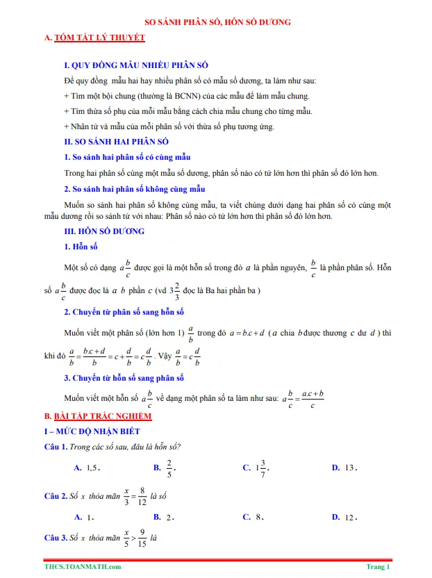 Tóm tắt lý thuyết và bài tập trắc nghiệm so sánh phân số, hỗn số dương