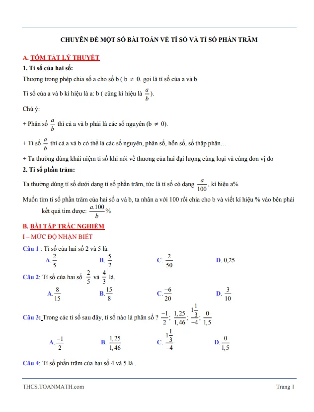 Tóm tắt lý thuyết và bài tập trắc nghiệm tỉ số và tỉ số phần trăm