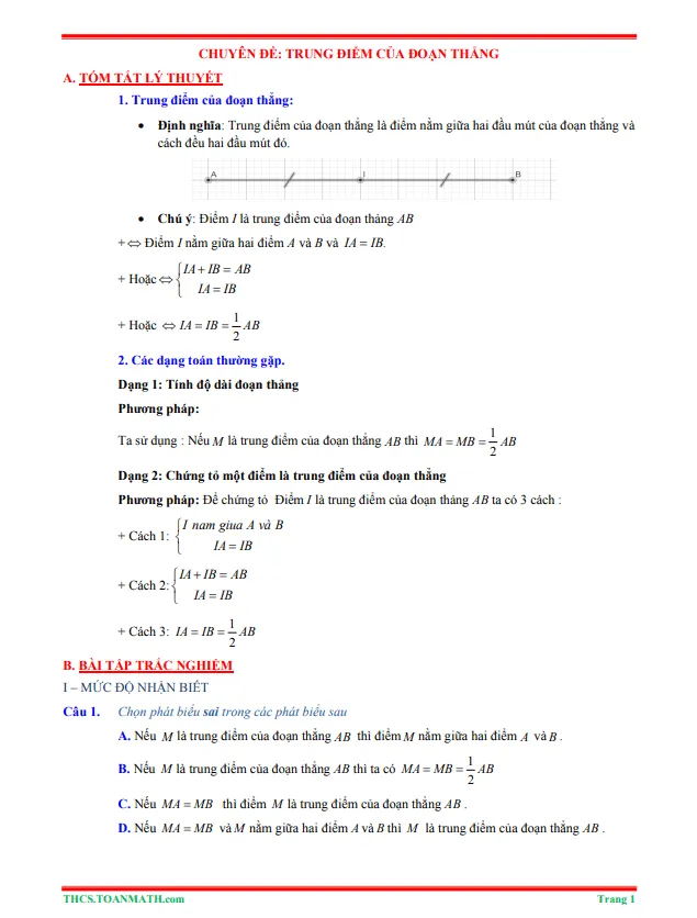 Tóm tắt lý thuyết và bài tập trắc nghiệm trung điểm của đoạn thẳng