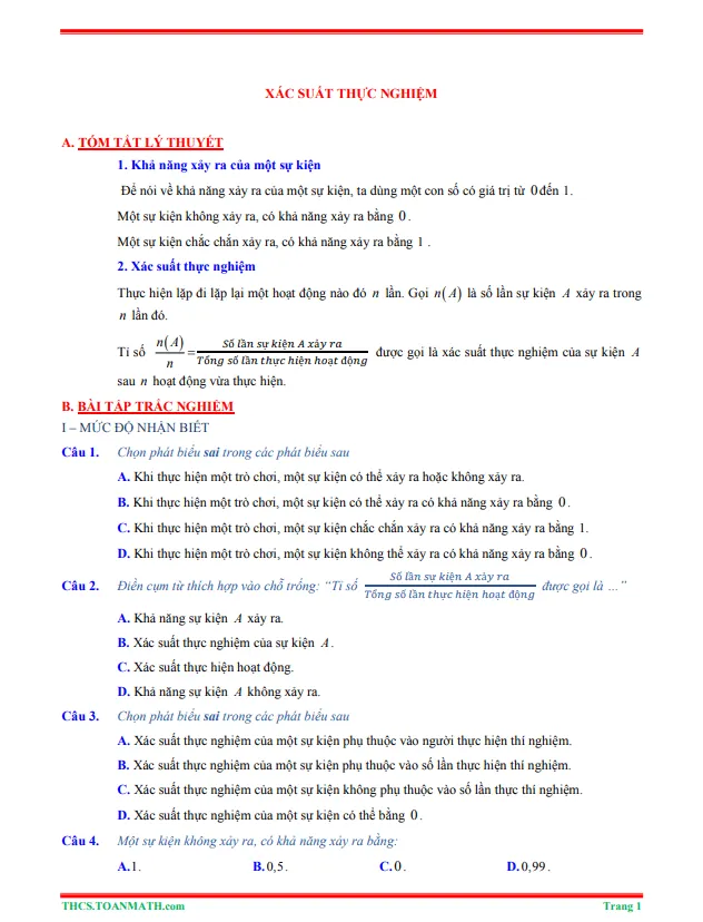 Tóm tắt lý thuyết và bài tập trắc nghiệm xác suất thực nghiệm