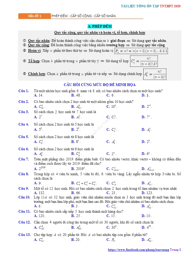 Tổng ôn tập TN THPT 2020 môn Toán: Phép đếm – cấp số cộng – cấp số nhân