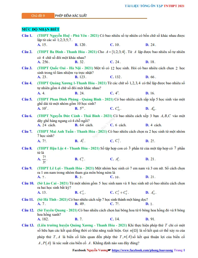 Tổng ôn tập TN THPT 2021 môn Toán: Tổ hợp và xác suất