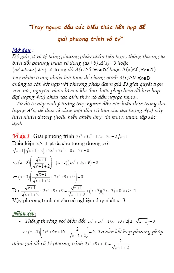 Truy ngược dấu biểu thức liên hợp để giải phương trình vô tỉ – Hương Nguyễn